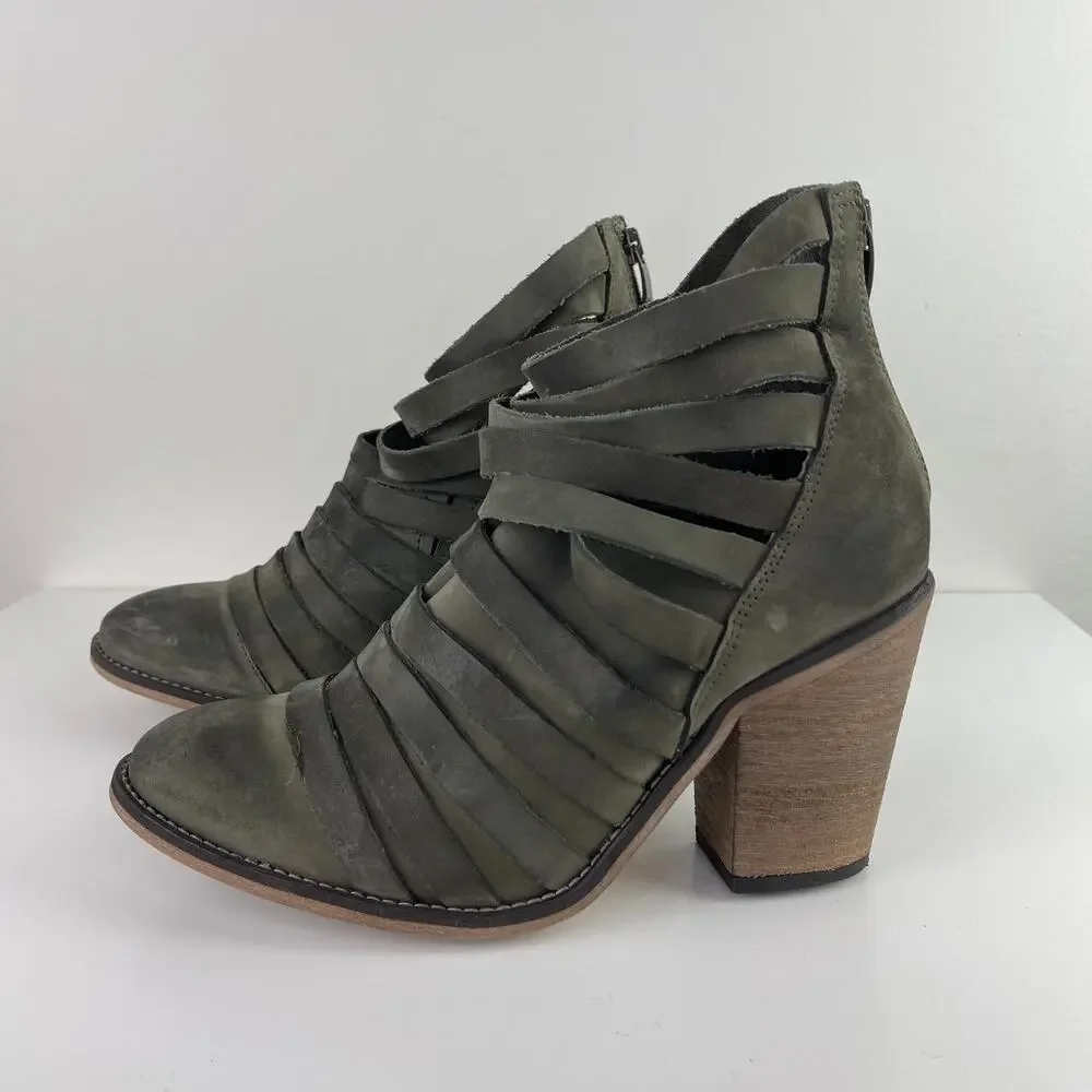 Free People Hybrid Gray Green Leather Strappy Ankle Boots Wood Heel 38 7.5/8